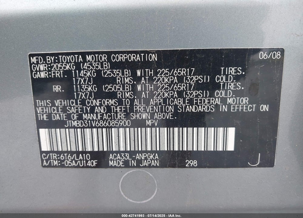 2008 TOYOTA RAV4 VIN: JTMBD31V686085900