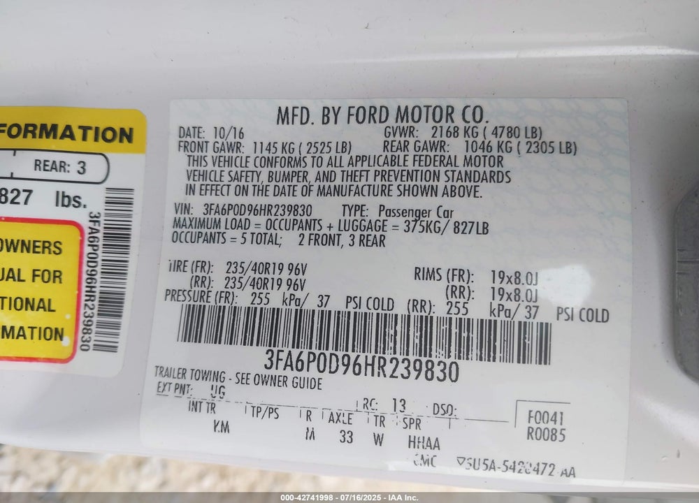 2017 FORD FUSION VIN: 3FA6P0D96HR239830