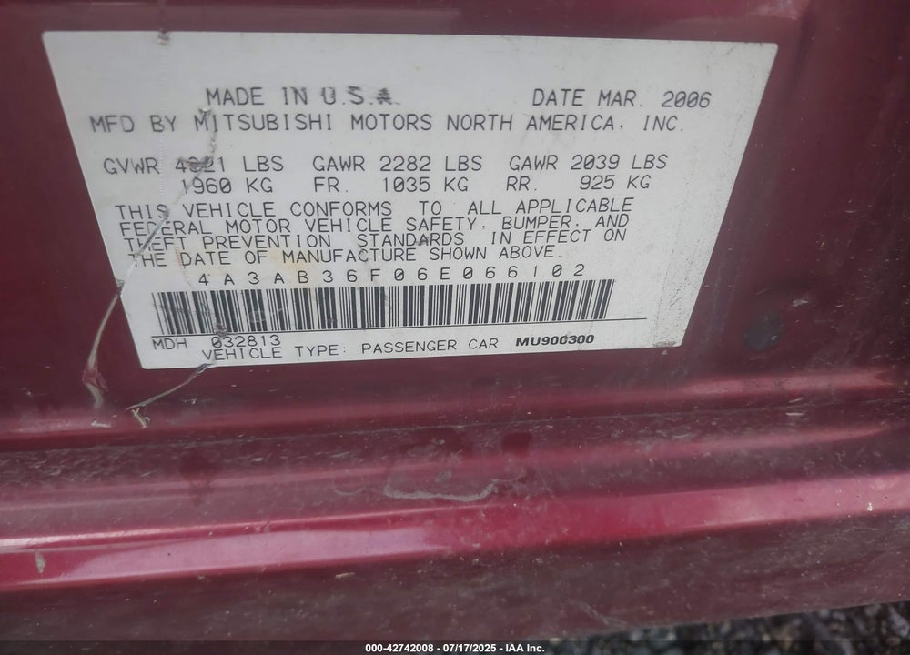2006 MITSUBISHI GALANT VIN: 4A3AB36F06E066102
