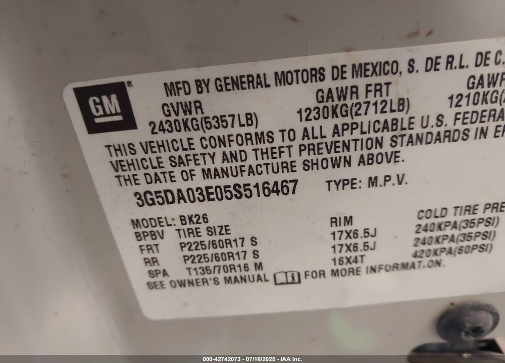 2005 BUICK RENDEZVOUS CX VIN: 3G5DA03E05S516467