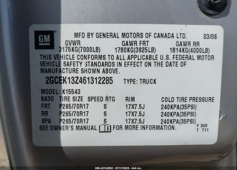 2006 CHEVROLET SILVERADO 1500 LT1 VIN: 2GCEK13Z461312285