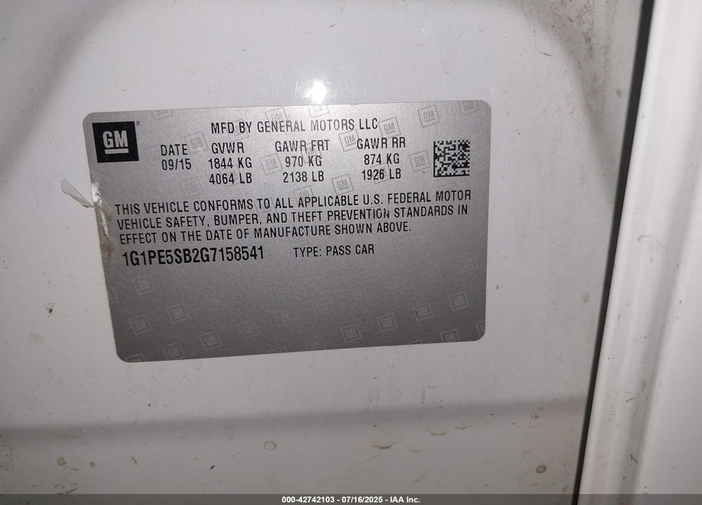 2016 CHEVROLET CRUZE LIMITED VIN: 1G1PE5SB2G7158541