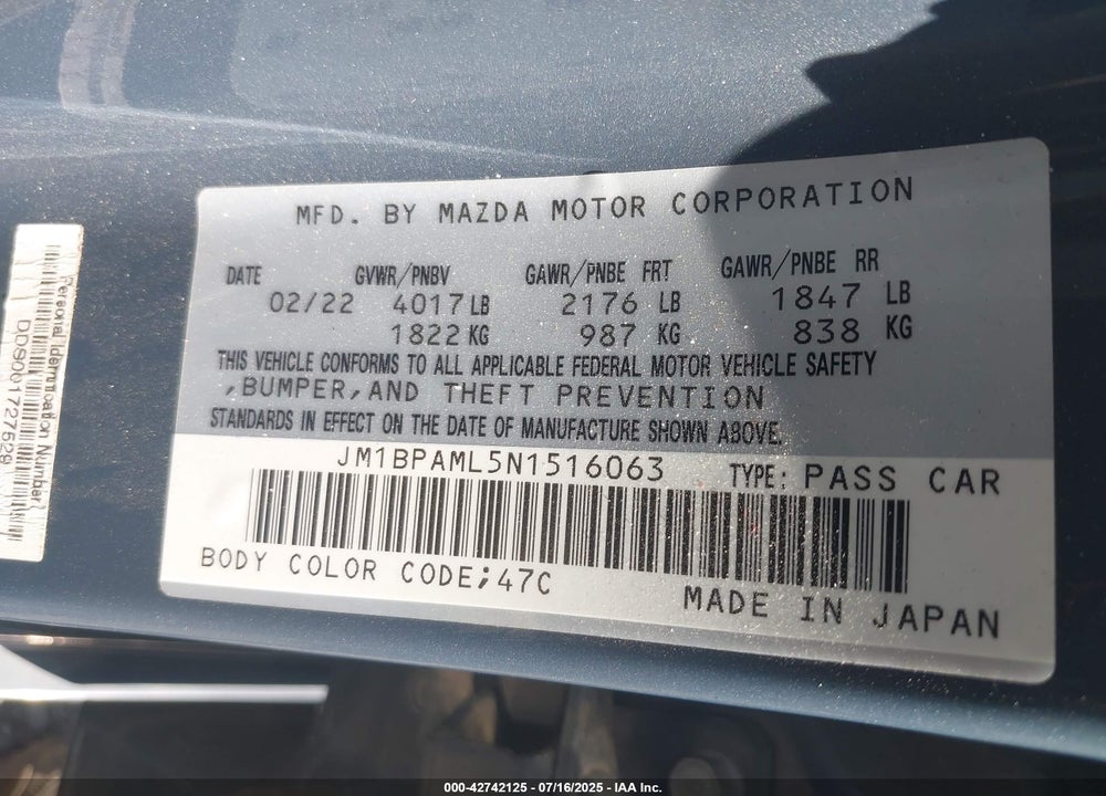 2022 MAZDA 3 VIN: JM1BPAML5N1516063