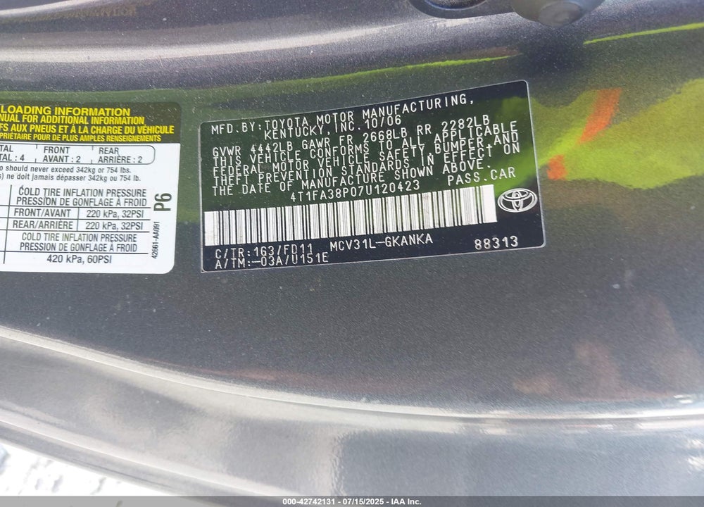 2007 TOYOTA CAMRY VIN: 4T1FA38P07U120423