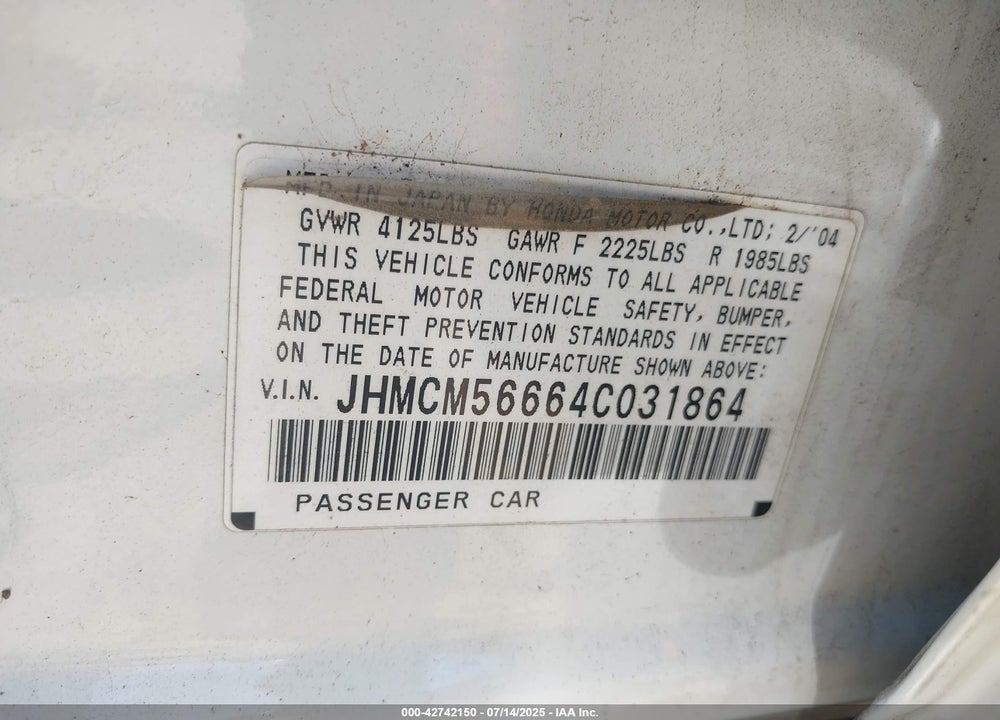 2004 HONDA ACCORD 2.4 EX VIN: JHMCM56664C031864