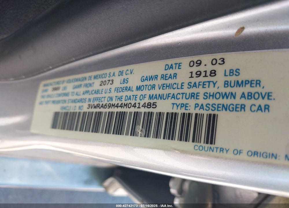 2004 VOLKSWAGEN JETTA GL VIN: 3VWRA69M44M041485