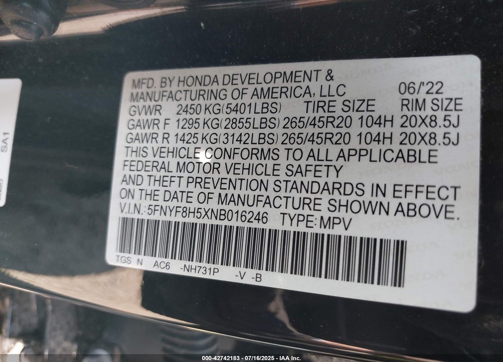 2022 HONDA PASSPORT VIN: 5FNYF8H5XNB016246