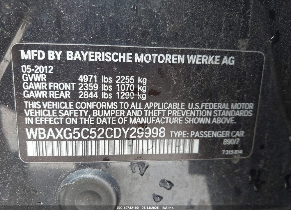 2012 BMW 5 SERIES VIN: WBAXG5C52CDY29998
