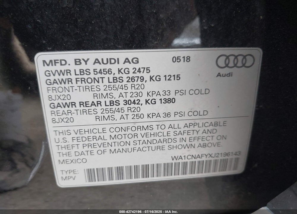2018 AUDI Q5 2.0T PREMIUM/2.0T TECH PREMIUM VIN: WA1CNAFYXJ2196143