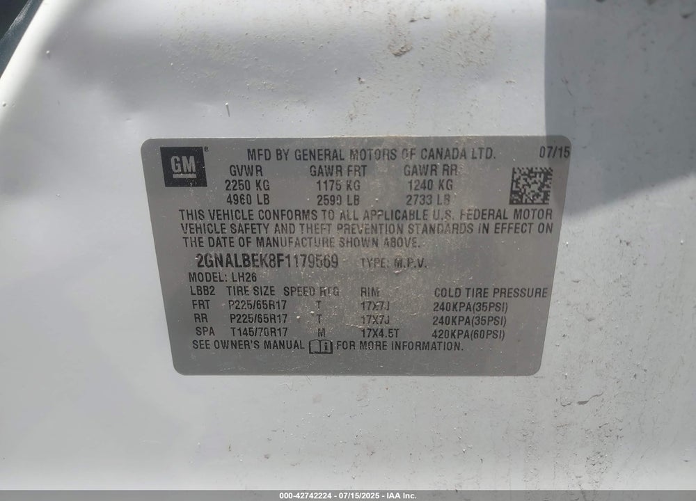 2015 CHEVROLET EQUINOX VIN: 2GNALBEK8F1179569