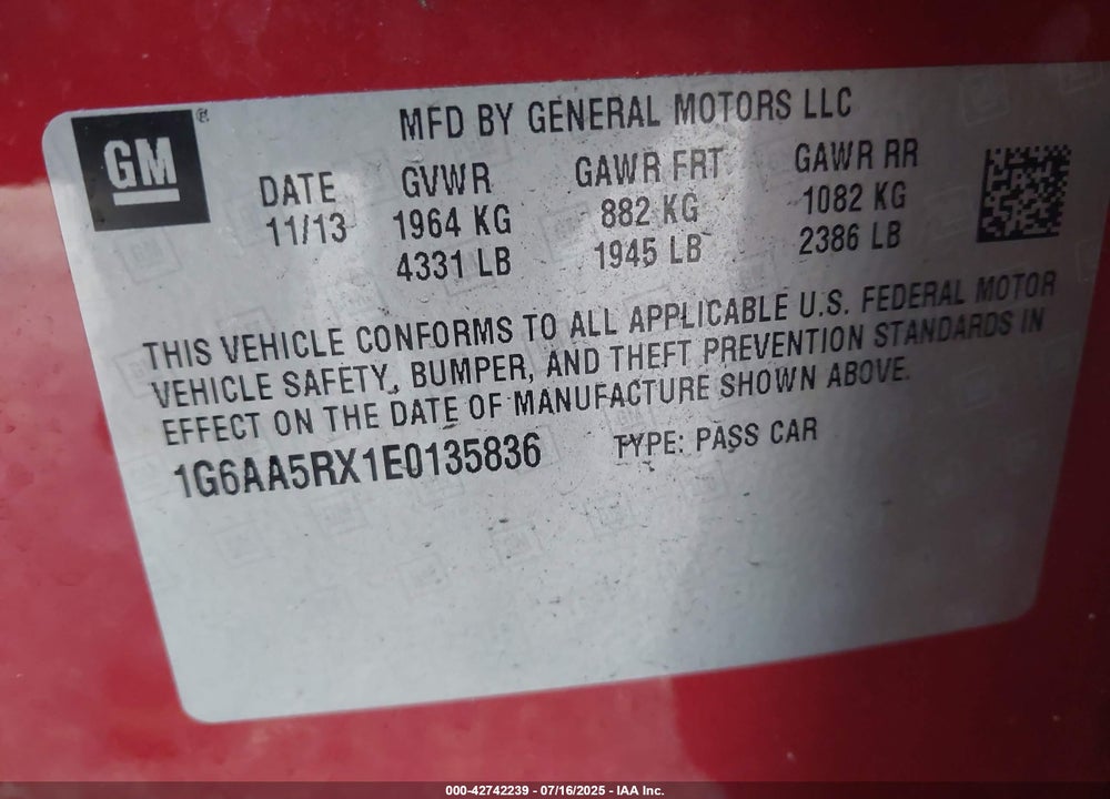 2014 CADILLAC ATS VIN: 1G6AA5RX1E0135836