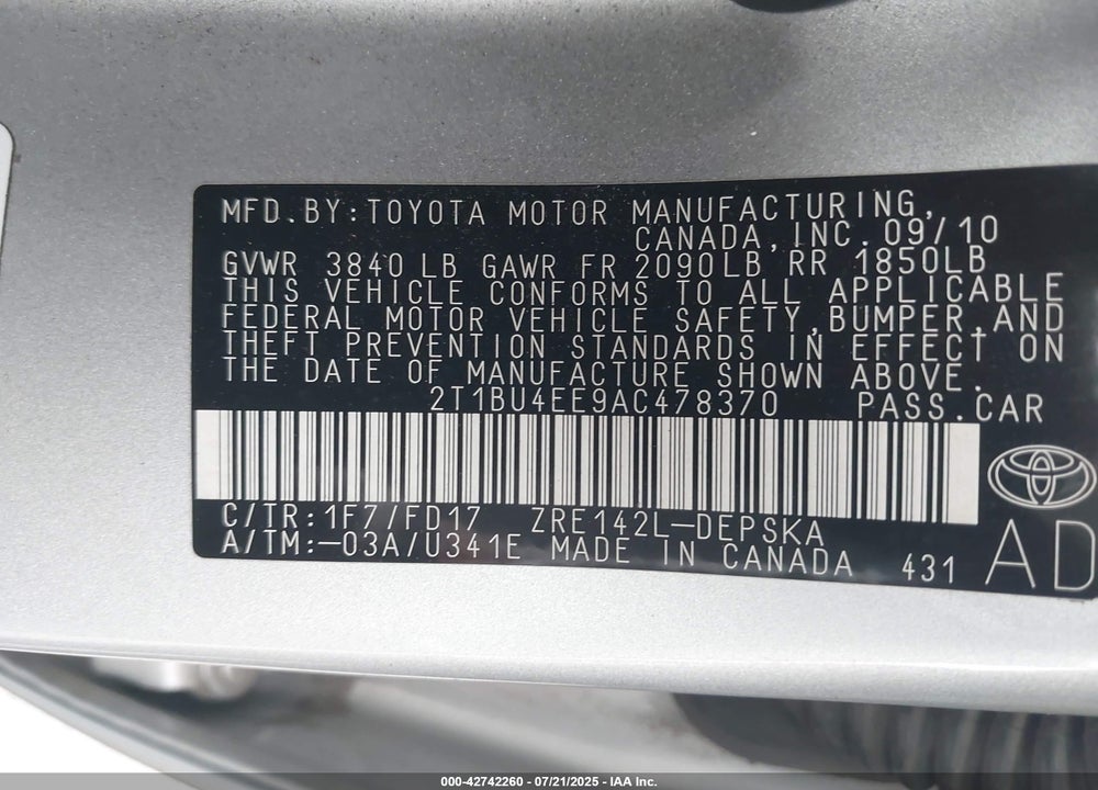 2010 TOYOTA COROLLA VIN: 2T1BU4EE9AC478370