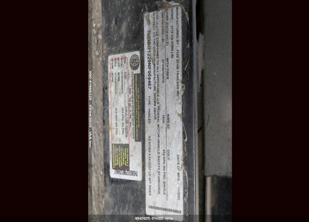 2022 FIVE STAR DUMP TRAILER VIN: 7HDBD1229NF004467