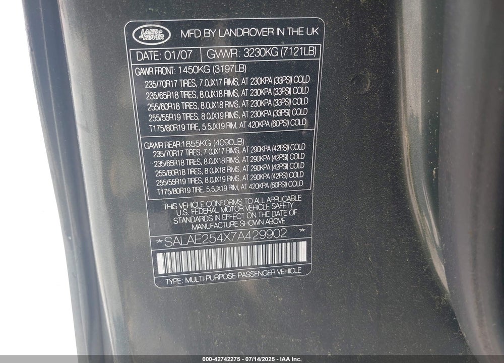 2007 LAND ROVER LR3 V8 SE VIN: SALAE254X7A429902