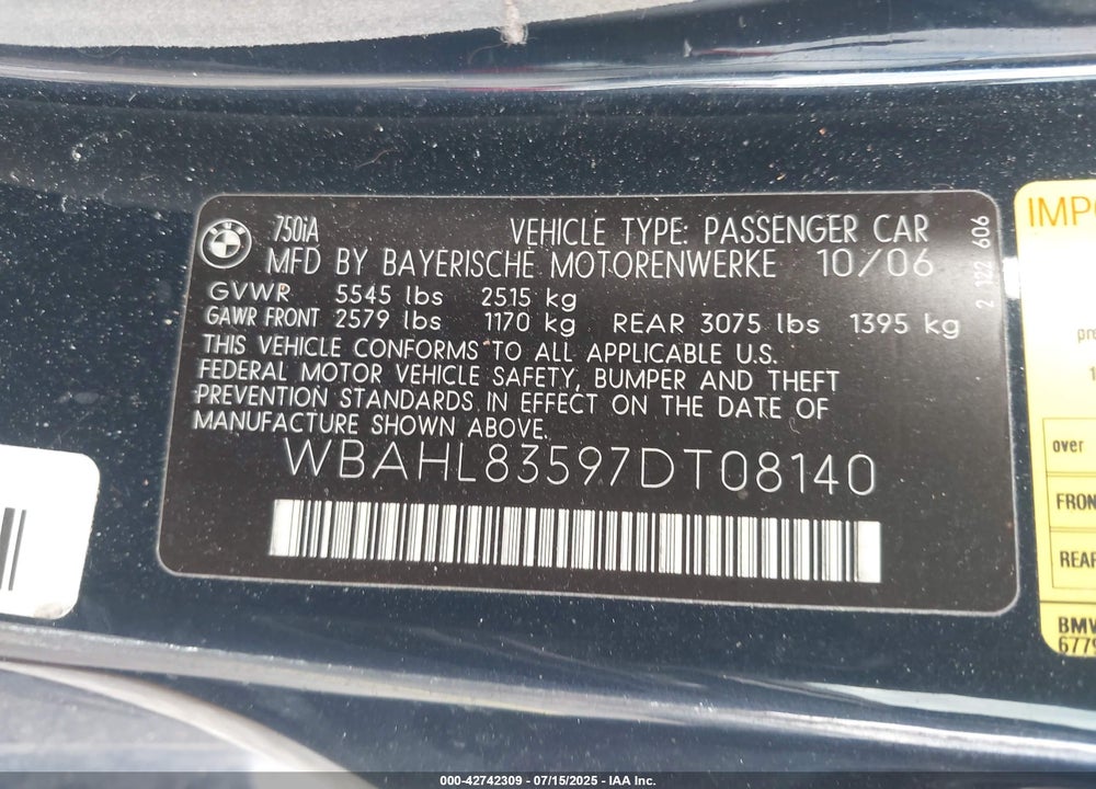 2007 BMW 750I VIN: WBAHL83597DT08140