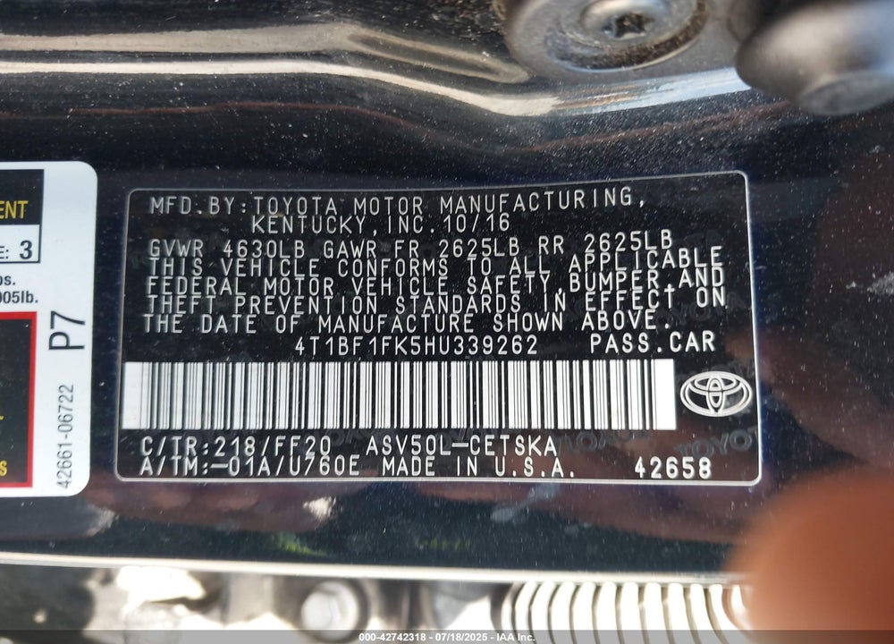 2017 TOYOTA CAMRY VIN: 4T1BF1FK5HU339262