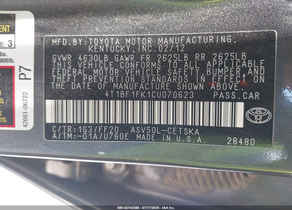 2012 TOYOTA CAMRY SE VIN: 4T1BF1FK1CU070623