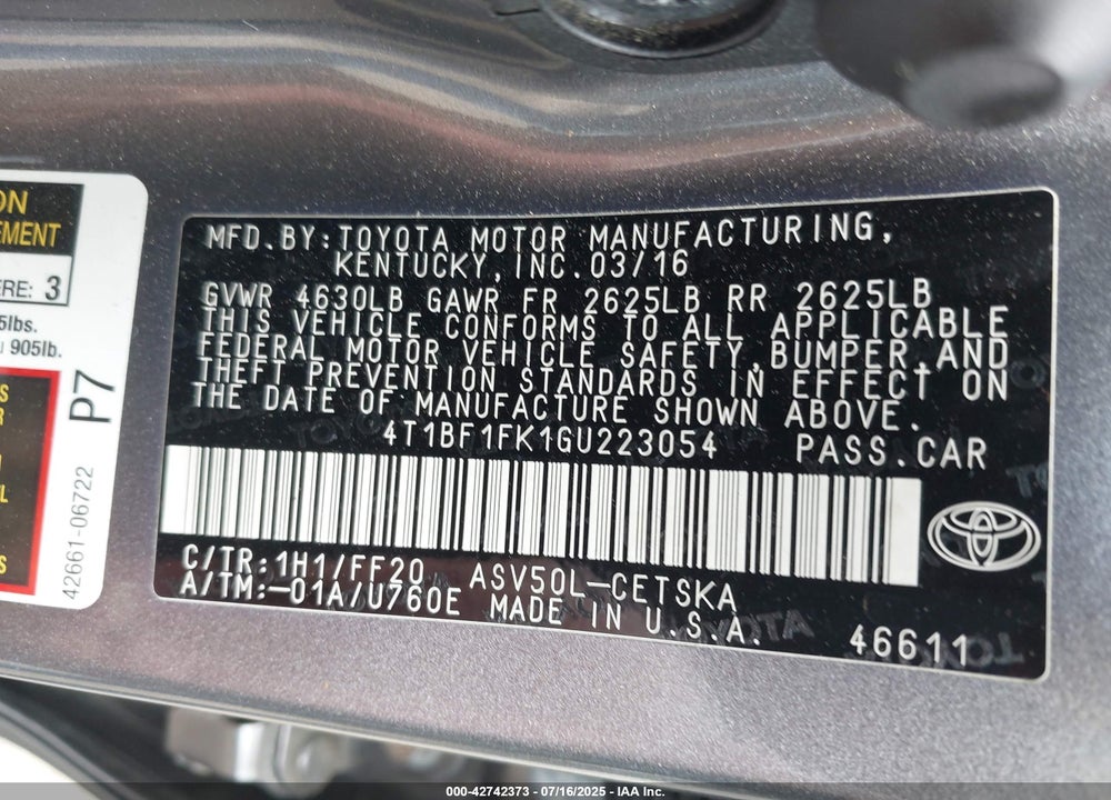 2016 TOYOTA CAMRY VIN: 4T1BF1FK1GU223054