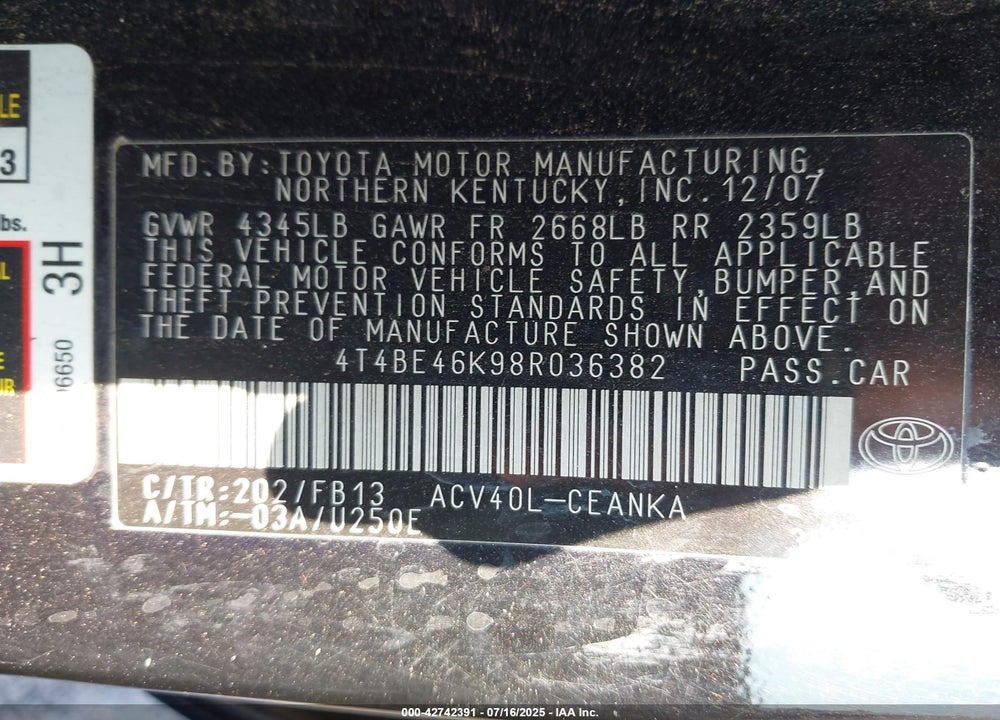 2008 TOYOTA CAMRY LE VIN: 4T4BE46K98R036382
