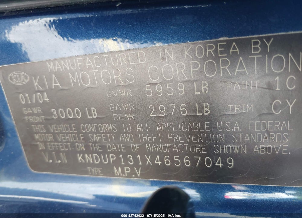 2004 KIA SEDONA EX/LX VIN: KNDUP131X46567049