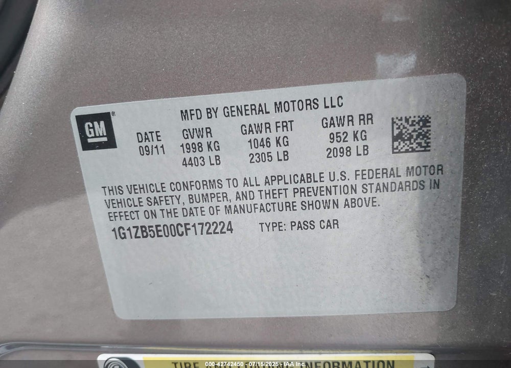 2012 CHEVROLET MALIBU VIN: 1G1ZB5E00CF172224