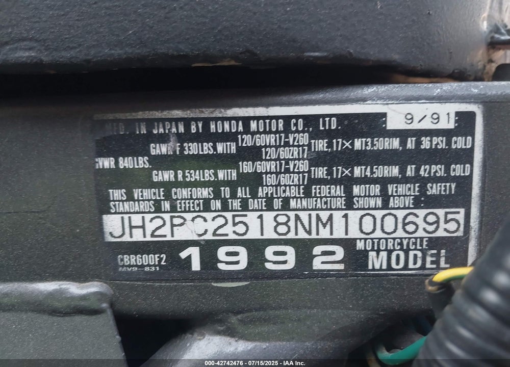 1992 HONDA CBR600 F2 VIN: JH2PC2518NM100695