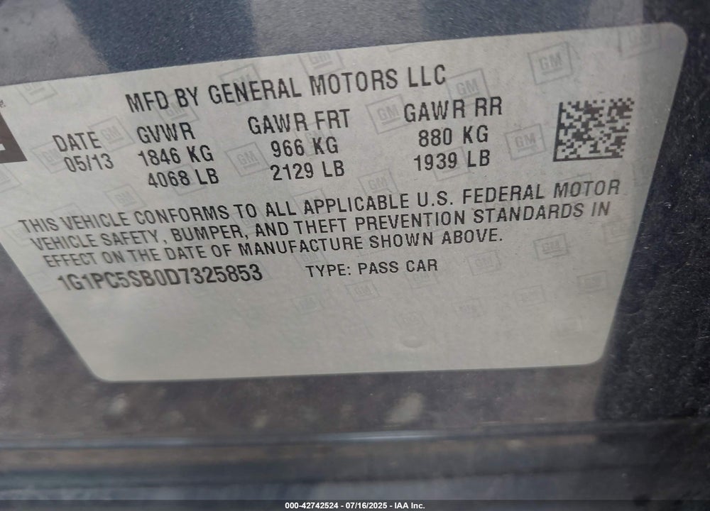 2013 CHEVROLET CRUZE 1LT AUTO VIN: 1G1PC5SB0D7325853