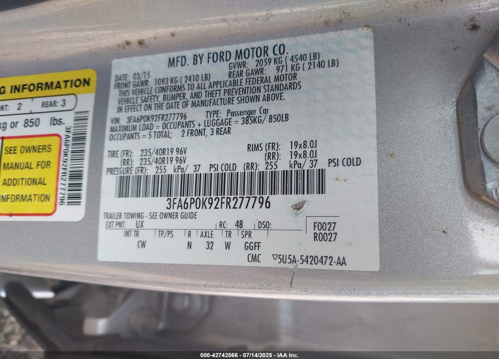 2015 FORD FUSION VIN: 3FA6P0K92FR277796