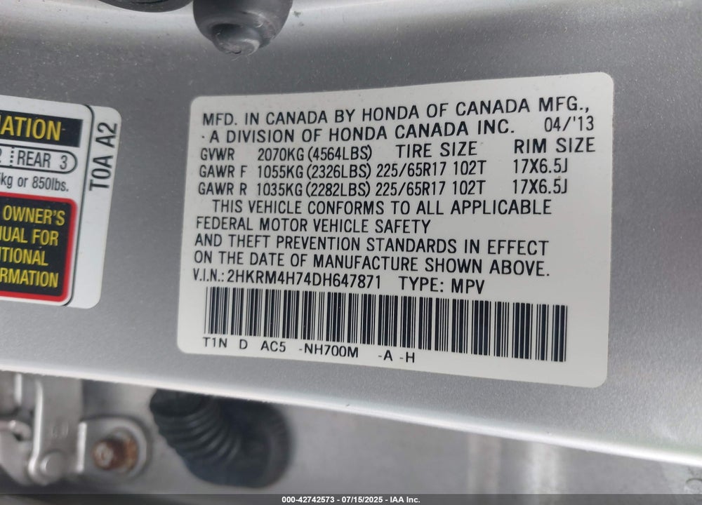 2013 HONDA CR-V EXL VIN: 2HKRM4H74DH647871