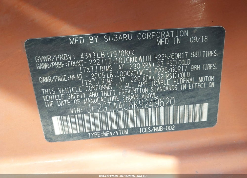 2019 SUBARU CROSSTREK 2.0I VIN: JF2GTAAC6K9249620