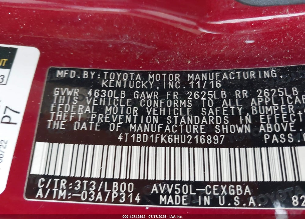 2017 TOYOTA CAMRY HYBRID VIN: 4T1BD1FK6HU216897