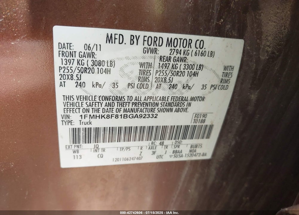 2011 FORD EXPLORER VIN: 1FMHK8F81BGA92332