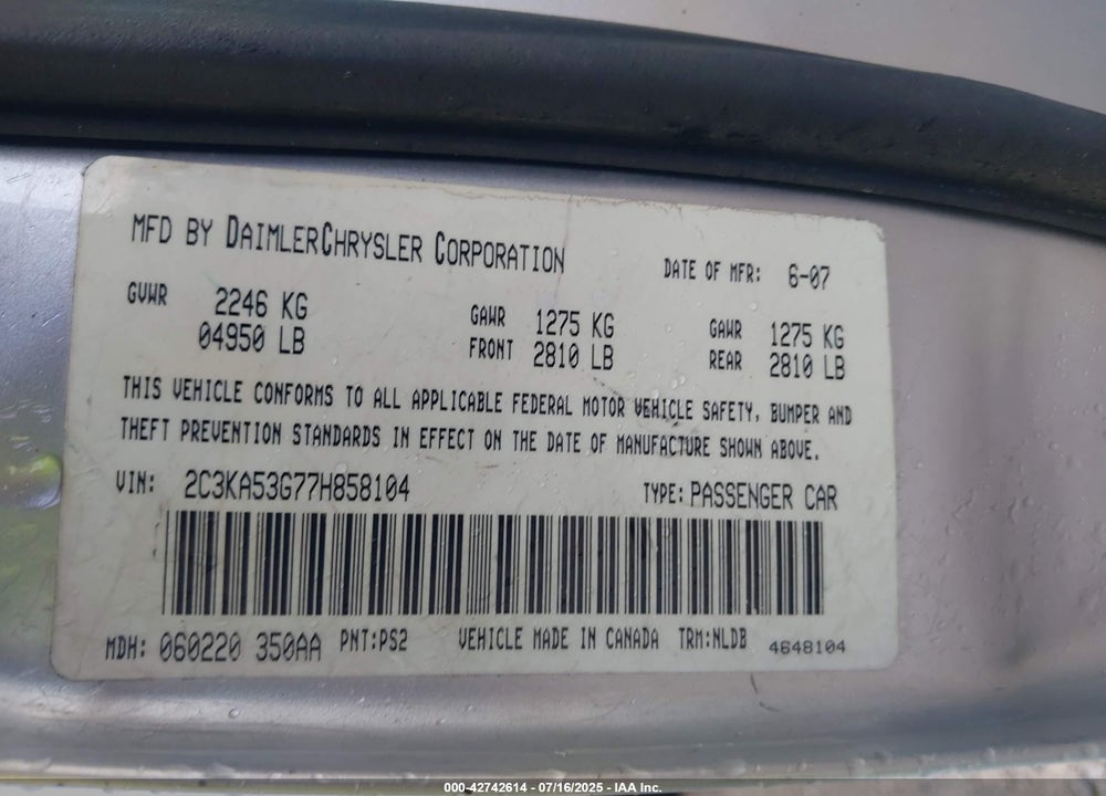 2007 CHRYSLER 300 VIN: 2C3KA53G77H858104