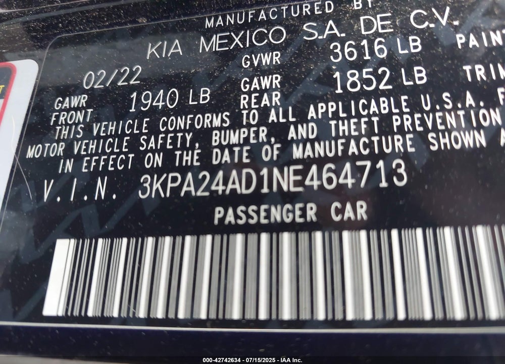 2022 KIA RIO VIN: 3KPA24AD1NE464713