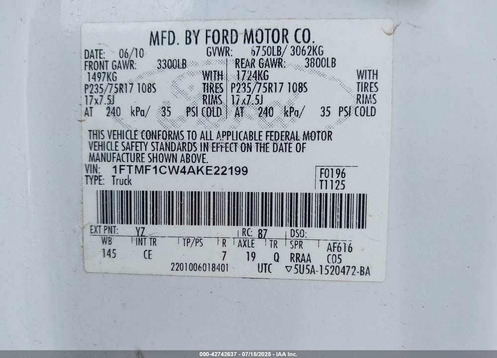 2010 FORD F-150 VIN: 1FTMF1CW4AKE22199