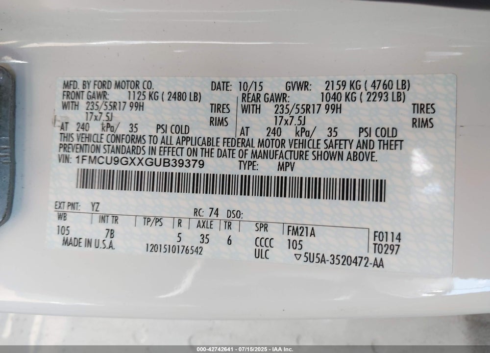 2016 FORD ESCAPE SE VIN: 1FMCU9GXXGUB39379