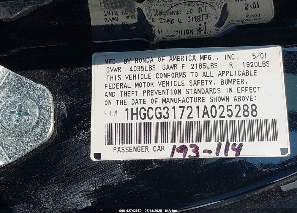 2001 HONDA ACCORD 2.3 EX VIN: 1HGCG31721A025288