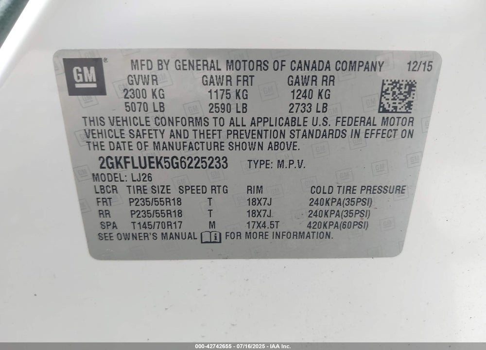 2016 GMC TERRAIN SLT VIN: 2GKFLUEK5G6225233
