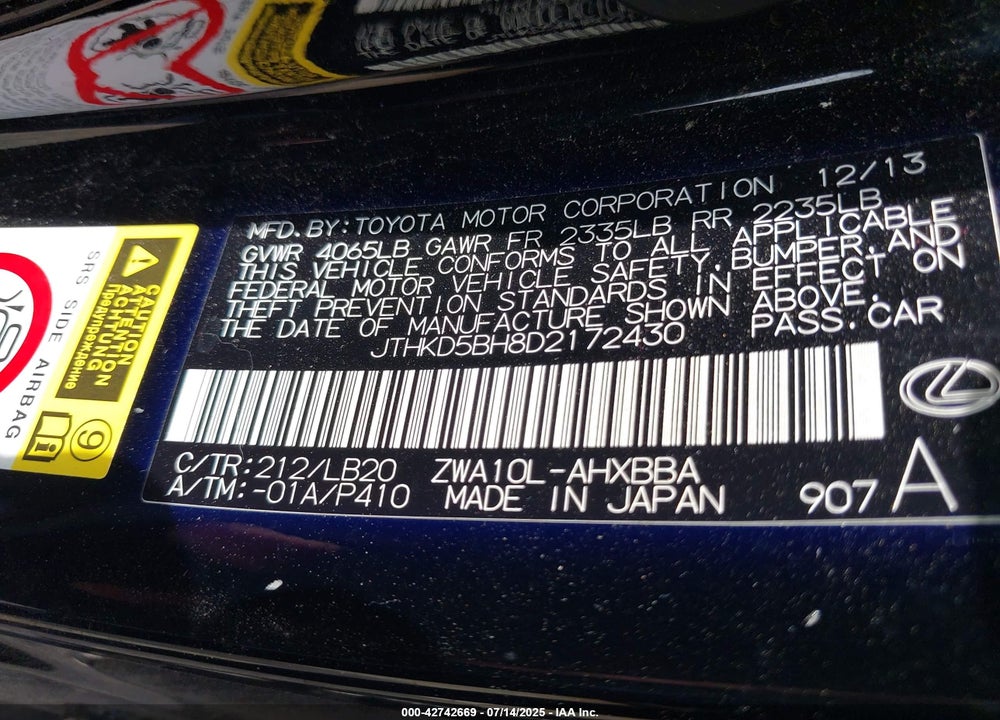 2013 LEXUS CT 200H VIN: JTHKD5BH8D2172430