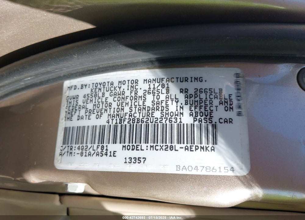 2002 TOYOTA AVALON XL VIN: 4T1BF28B62U227631