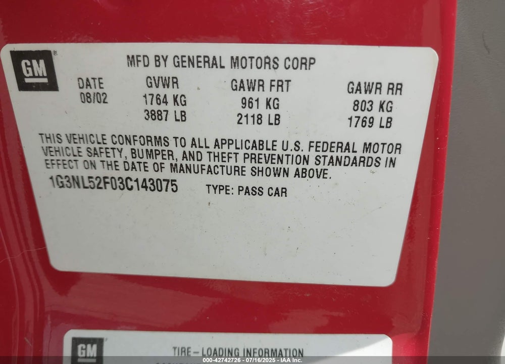 2003 OLDSMOBILE ALERO GL1 VIN: 1G3NL52F03C143075