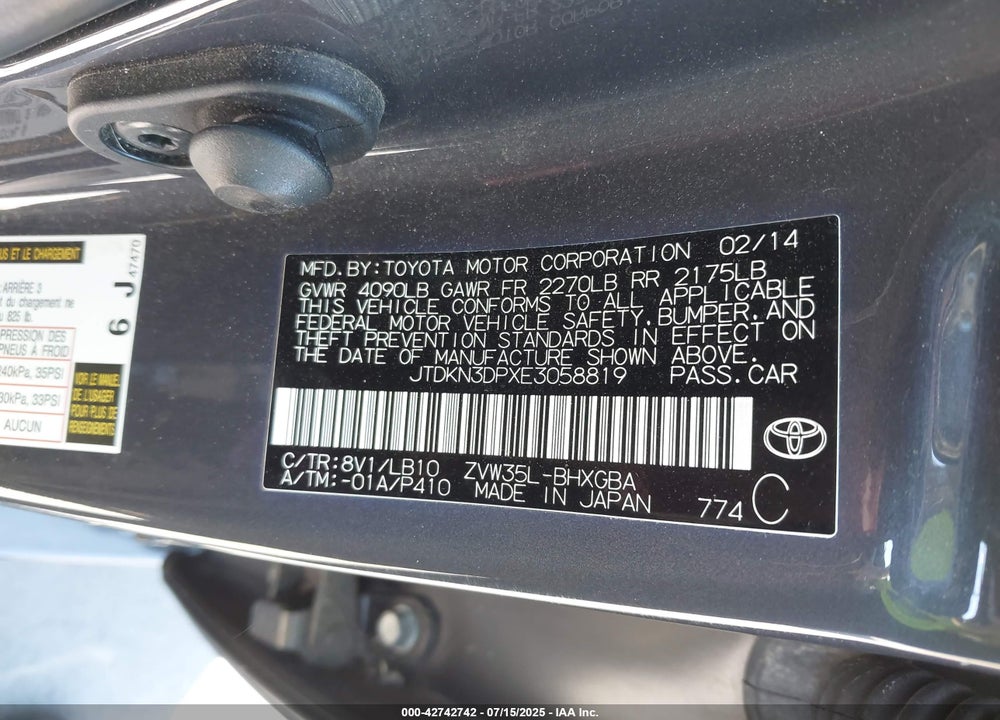 2014 TOYOTA PRIUS PLUG-IN VIN: JTDKN3DPXE3058819