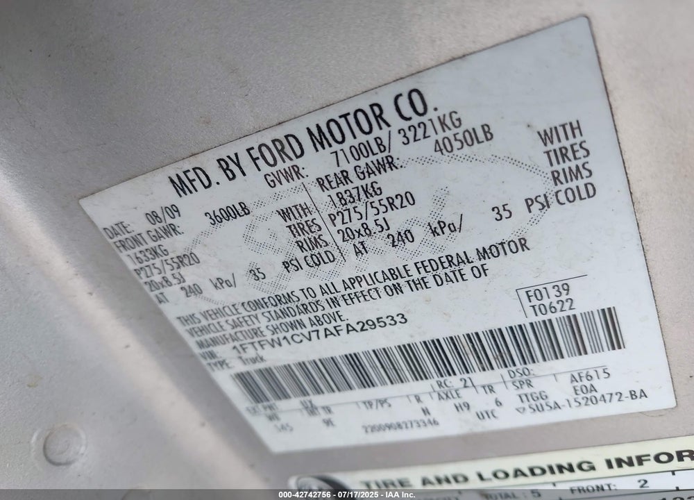 2010 FORD F-150 FX2 SPORT/HARLEY-DAVIDSON/KING RANCH/LARIAT/PLATINUM/XL/XLT VIN: 1FTFW1CV7AFA29533
