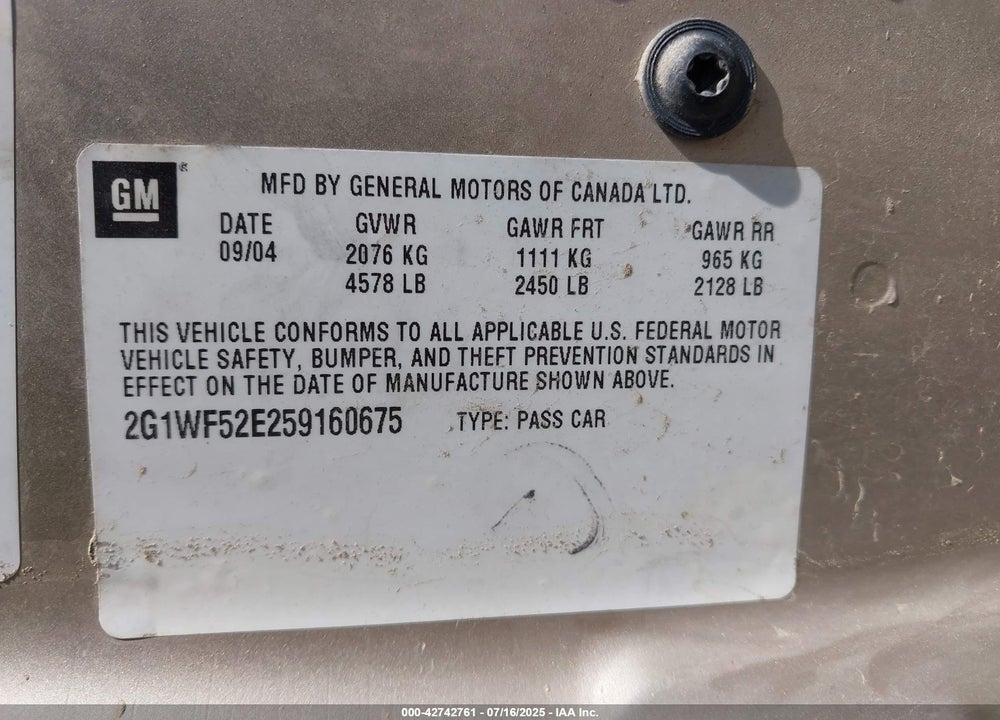 2005 CHEVROLET IMPALA VIN: 2G1WF52E259160675