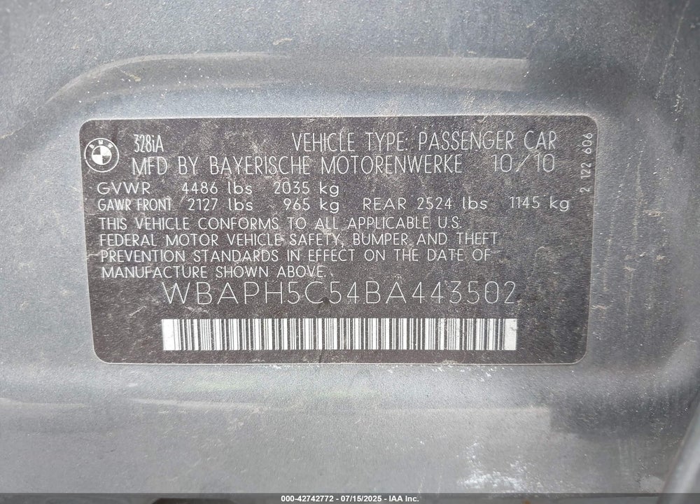 2011 BMW 3 SERIES VIN: WBAPH5C54BA443502