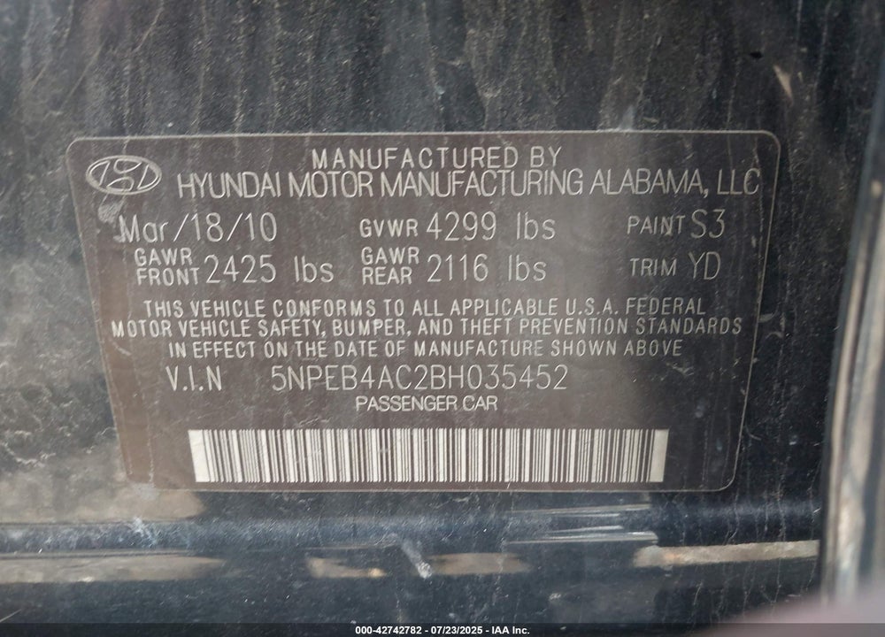 2011 HYUNDAI SONATA VIN: 5NPEB4AC2BH035452