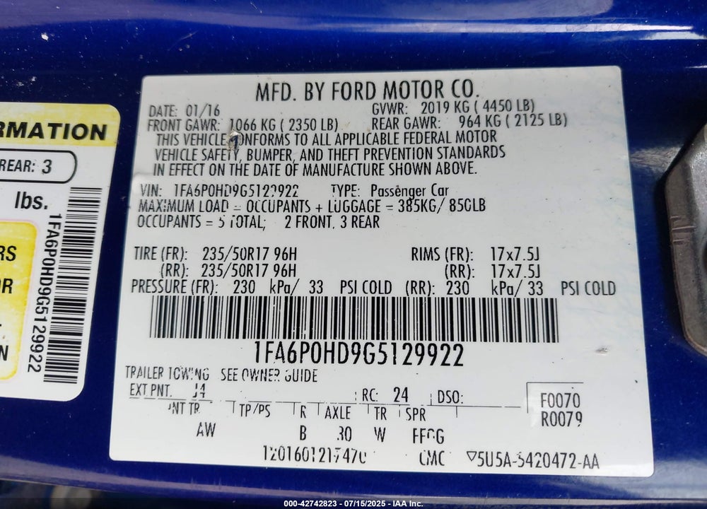 2016 FORD FUSION VIN: 1FA6P0HD9G5129922
