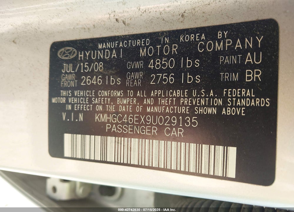 2009 HYUNDAI GENESIS VIN: KMHGC46EX9U029135