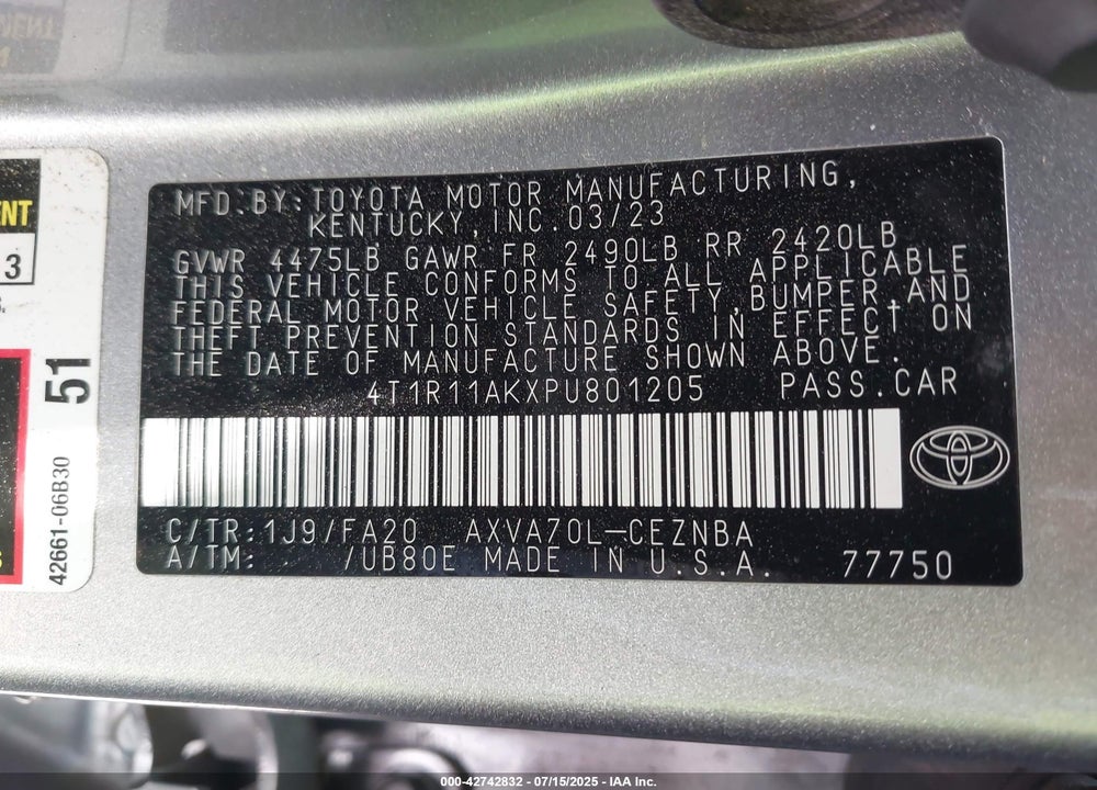 2023 TOYOTA CAMRY VIN: 4T1R11AKXPU801205