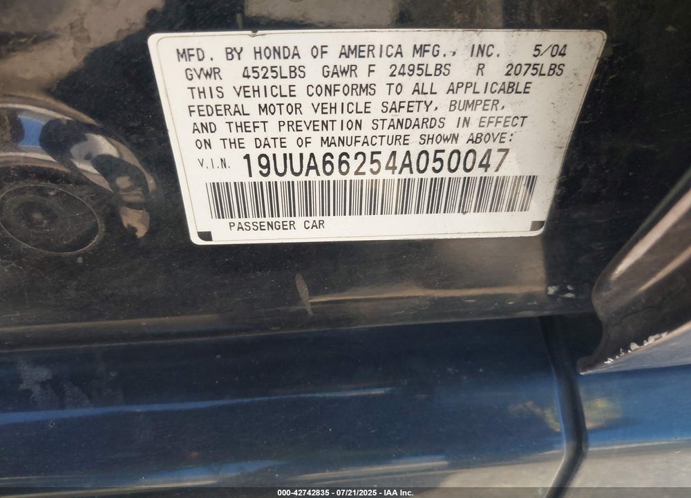 2004 ACURA TL VIN: 19UUA66254A050047